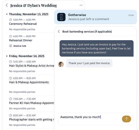 Two Gatherwise phone screens showing day-of notifications and a client message thread.